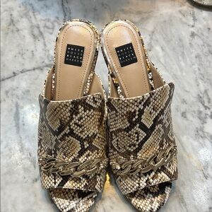White House Black Market Snake Print Mules with Gold Chain